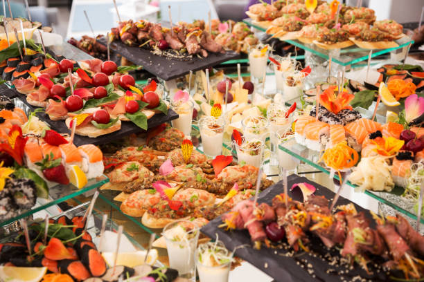 istock Assortment festive appetizers on the plate, selective focus. Festive buffet 1262727942