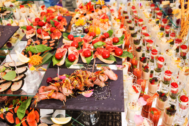 istock Assortment festive appetizers on the plate, selective focus. Festive buffet 1262727950
