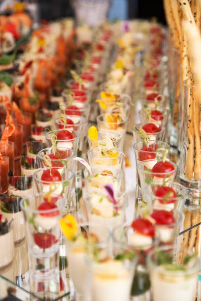 istock Assortment festive appetizers on the plate, selective focus. Festive buffet 1262728096