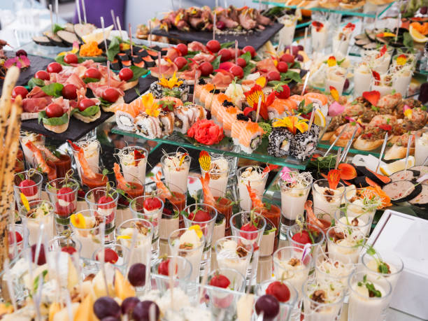 istock Assortment festive appetizers on the plate, selective focus. Festive buffet 1262728472