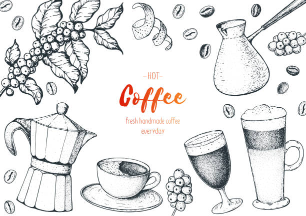 illustrations, cliparts, dessins animés et icônes de tasses à café, haricots et illustration d’arbre de café. design vintage pour café. illustration vectorielle gravée. - backgrounds bean drink caffeine