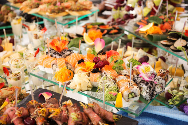 istock Assortment festive appetizers on the plate, selective focus. Festive buffet 1262729189
