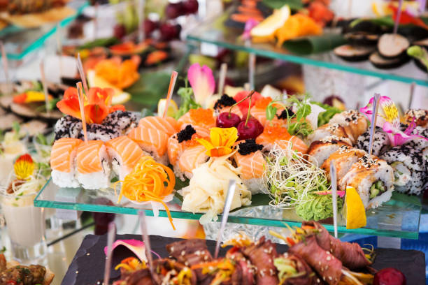 istock Assortment festive appetizers on the plate, selective focus. Festive buffet 1262729314
