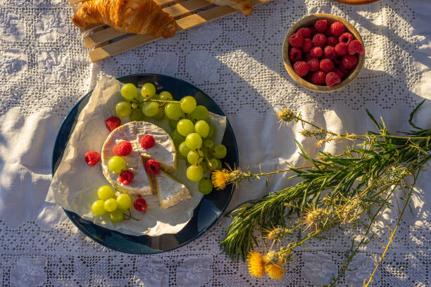 istock picnic with cheese, grapes, raspberries and croissants 1262733546