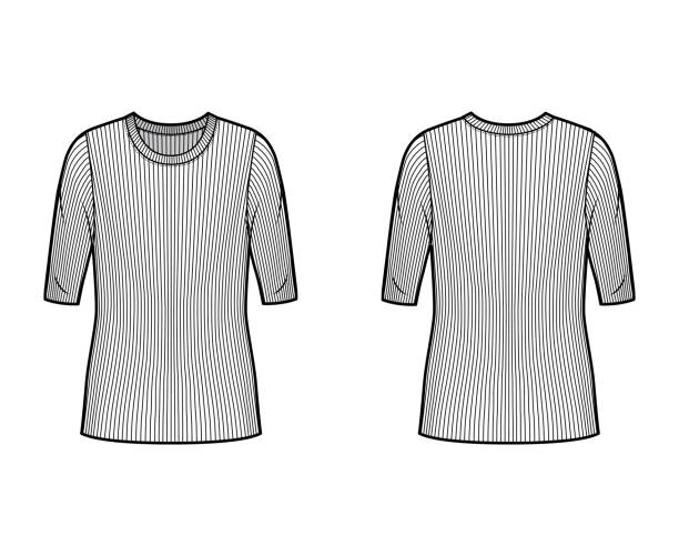 istock Ribbed crew neck knit sweater technical fashion illustration with elbow sleeves, oversized body, tunic length 1262738437