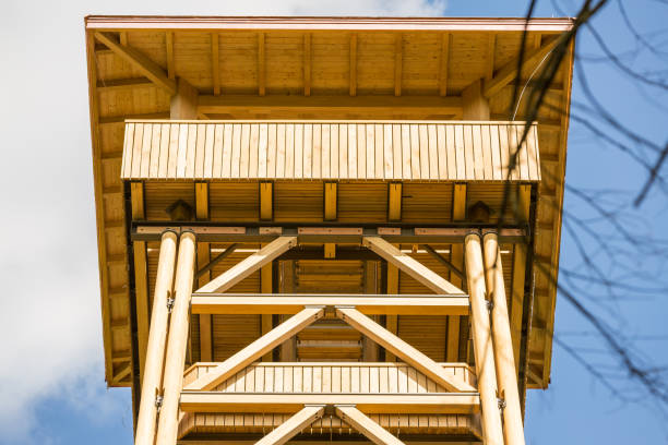Frankfurt, July 29, 2020: View to the platform of the newly built Goetheturm in Frankfurt. The original Goetheturm, built in the year 1931 from wood, was completely destroyed by a fire on 12 October 2017. The new Goetheturm, also built from wood, was erected on 28 July 2020.