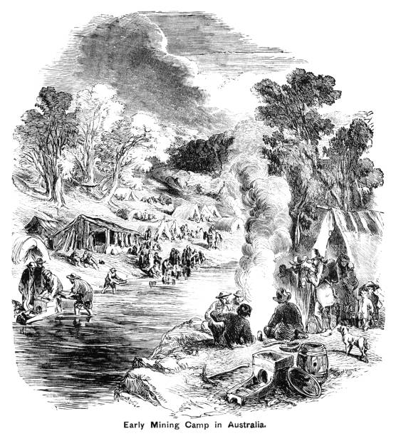 Groups of miners and prospectors in a mining encampment in Australia. Some of them are panning for gold in the stream while others are relaxing after a hard day’s work. A few wives and children - and dogs - share the camp. From “The Cottager and Artisan: The People’s Own Paper” published in 1898 by The Religious Tract Society, London.