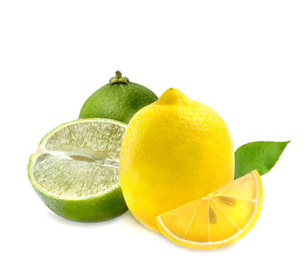 istock ripe lemon and lime with slice and green leaf on white background 1262748980