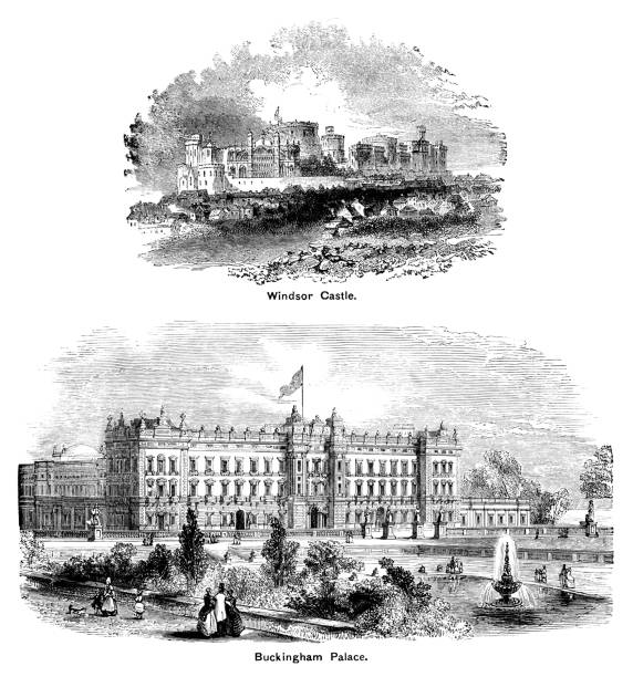 Victorian engravings of Windsor Castle and Buckingham Palace - two Royal Residences Two Victorian engravings of British royal residences - Windsor Castle in Berkshire and Buckingham Palace in London. From “The Cottager and Artisan: The People’s Own Paper” published in 1898 by The Religious Tract Society, London. buckingham palace stock illustrations