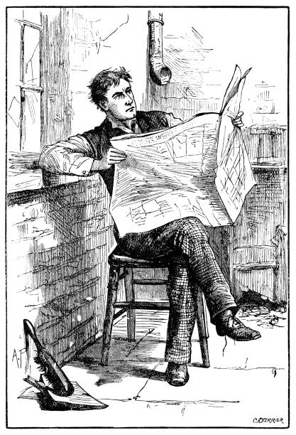 viktorianischer mann liest eine zeitung in seinem hinterhof - flower sketch yard front or back yard stock-grafiken, -clipart, -cartoons und -symbole