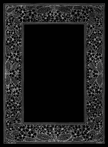A pretty Victorian frame of primrose flowers and leaves in white out of black with copy space in the centre. From “The Cottager and Artisan: The People’s Own Paper” published in 1898 by The Religious Tract Society, London.