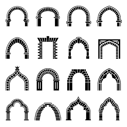 Arch types icons set. Simple illustration of 16 arch types vector icons for web