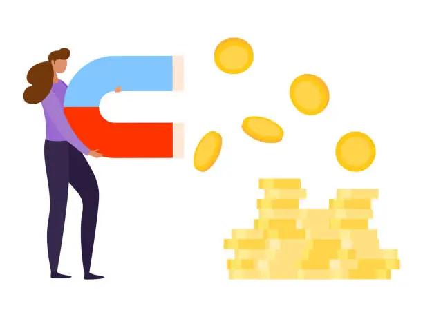 Vector illustration of Finance investment, vector illustration. Magnet attract money for business concept, woman character hold power for coin profit