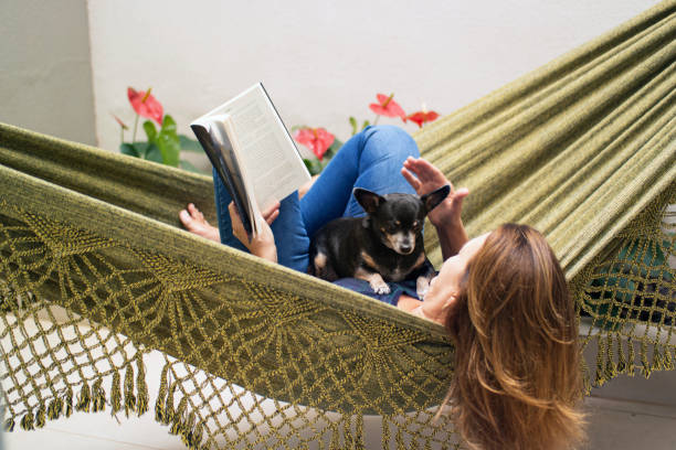 istock Woman reading a book at home, lying in a hammock. 1262757705
