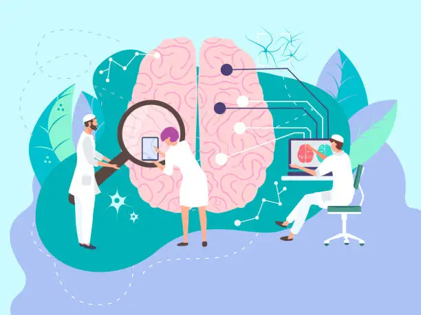 Vector illustration of Tiny character doctor male hold magnifying glass research human brain flat vector illustration. Biology therapeutic scientist man sitting computer.