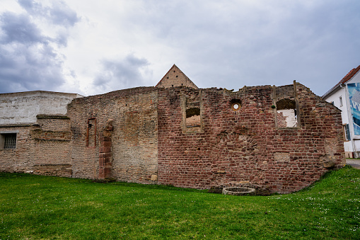 An external view of the ruins of a medieval priory building on the island of Lindisfarne in Northumberland.