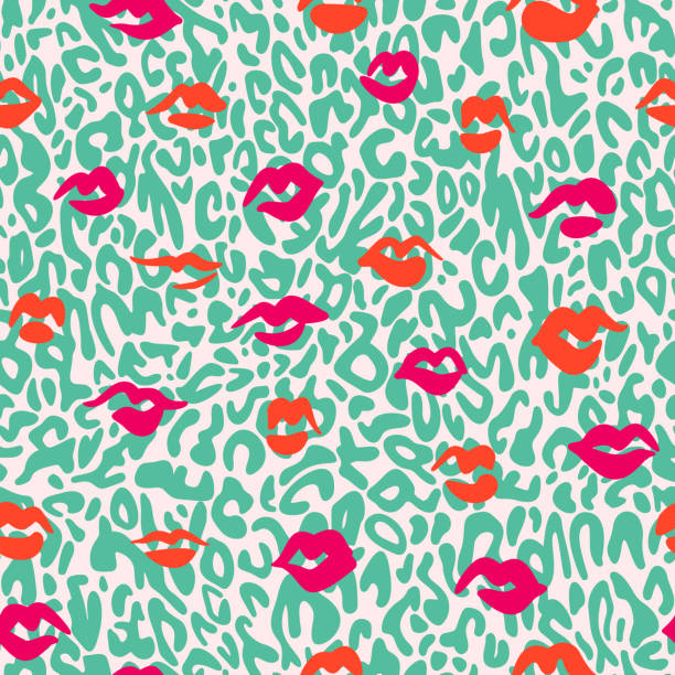 istock Red lips seamless pattern. Doodle lip kiss background. Retro fashion glamour print with spotted leopard skin texture. 1262763581