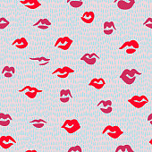 istock Red lips seamless pattern. Doodle lip kiss background. Retro fashion glamour print. 1262763642