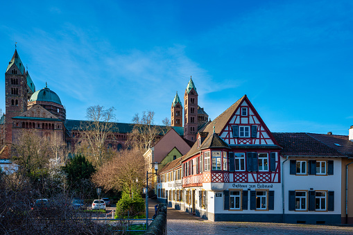 Esslingen, Germany - February, 11th - 2024: Market square with red town hall.