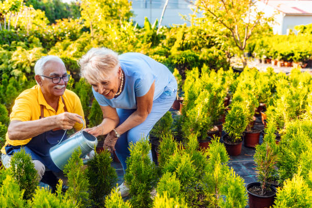 любовь на открытом воздухе - senior adult couple farm gardening стоковые фото и изображения