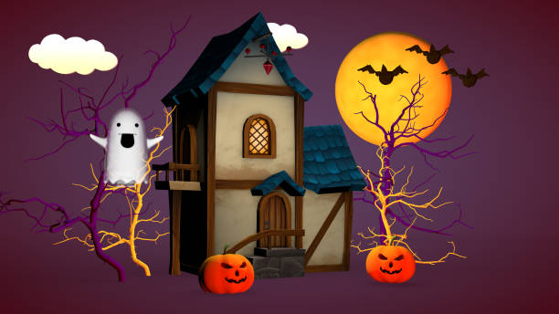 istock Halloween holiday concept. A small house with pumpkins and a funny ghost. 3D rendering 1262767241