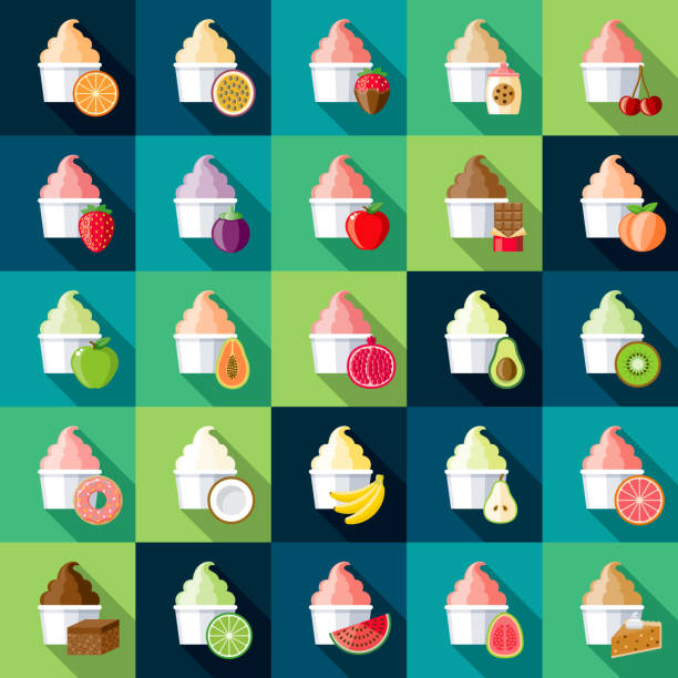 Ice Cream Flavors Icon Set A set of different ice cream, gelato or frozen yogurt flavour icons. File is built in the CMYK color space for optimal printing. Color swatches are global so it’s easy to edit and change the colors. ice-cream-pack stock illustrations