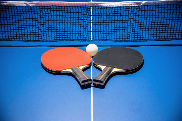 istock Black and red table tennis paddle with a net 1262768805
