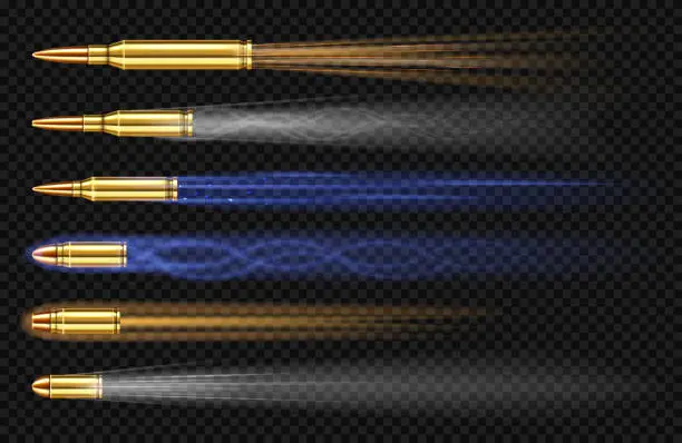 Vector illustration of Flying pistol bullets with smoke and fire traces