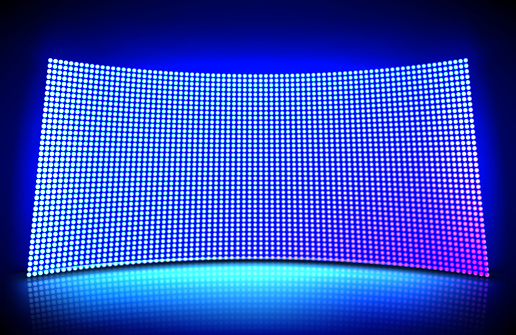 Concave led wall video screen with glowing blue and purple dot lights. Vector illustration of grid pattern for led display on stadium or scene. Curved digital panel with mesh of diode lamps