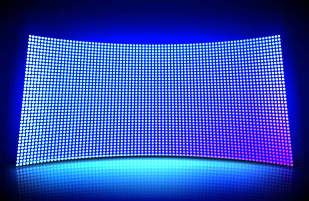 Glowing concave led wall video screen Concave led wall video screen with glowing blue and purple dot lights. Vector illustration of grid pattern for led display on stadium or scene. Curved digital panel with mesh of diode lamps concave illustrations stock illustrations