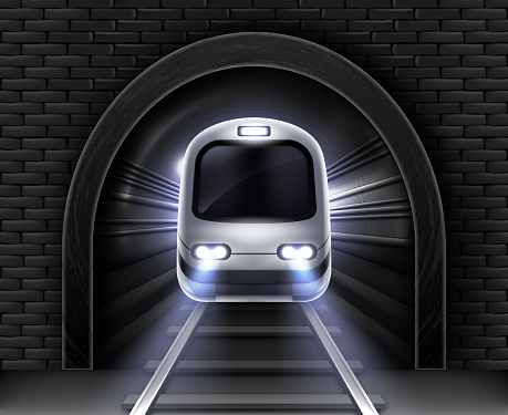 Modern subway train in tunnel. Vector realistic illustration of front wagon of passenger speed train, stone arch in brick wall and rails. Underground electric railway transport
