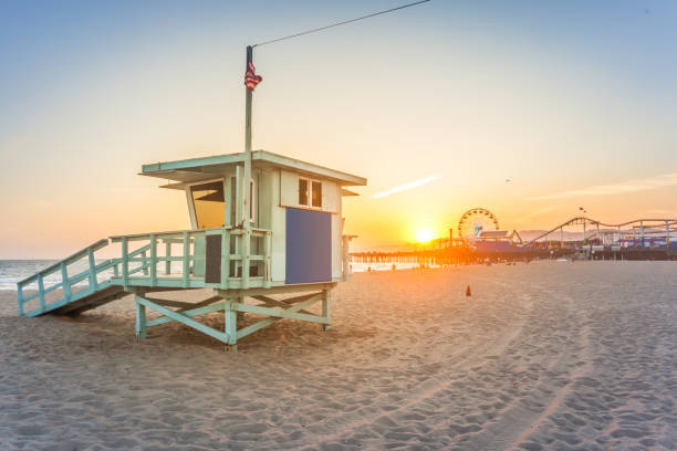 istock Sunset over famous amusement park with an iconic rescue hut 1262772936