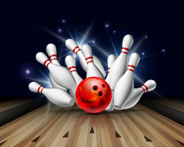 Vector illustration of Red Bowling Ball crashing into the pins on bowling alley line. Illustration of bowling strike