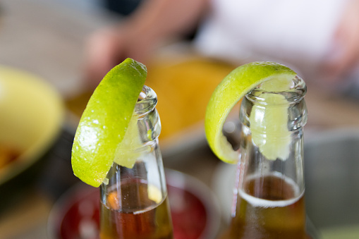 Mexican beer with lime closeup