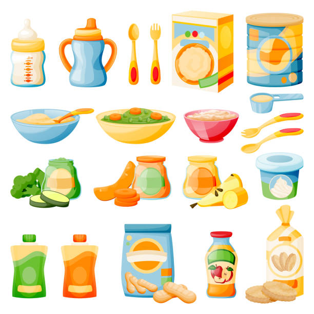 Baby healthy food in jars, bottles and boxes. Kids meal icons set, isolated on white background. Vector illustration Baby healthy food in jars, bottles and boxes. Kids meal icons set, isolated on white background. Vector flat cartoon illustration of fruit and vegetable puree, porridge, milk and biscuits cottage cheese stock illustrations