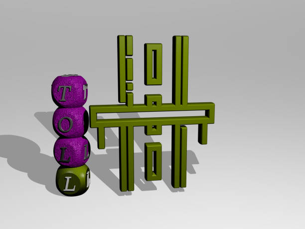 istock 3D graphical image of TOLL vertically along with text built around the icon by metallic cubic letters from the top perspective. excellent for the concept presentation and slideshows. road and highway 1262782227