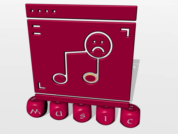 3D representation of music with icon on the wall and text arranged by metallic cubic letters on a mirror floor for concept meaning and slideshow presentation