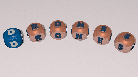 DRONES combined by dice letters and color crossing for the related meanings of the concept