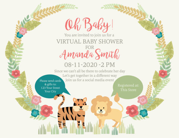 Cute Lion And Tiger Jungle Animals Baby Shower Invitation Pastel nursery safari animal with tropical plants. Flat color with grouped elements for easier editing. bedroom borders stock illustrations