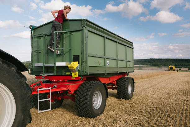 while harvesting a female farmer climbing at the trailer on a what field