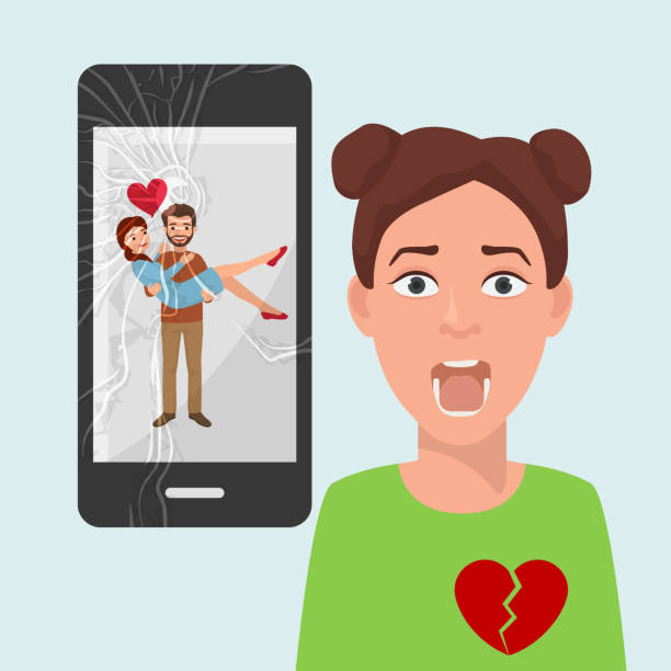 Heartbroken girl sees photo of boyfriend with rival on social media vector illustration. Sad girl with broken heart because of boyfriends photo with another woman on social media vector illustration. Beloved man holds rival in his arms, happy couple image on broken smartphone screen. jealous ex girlfriend stock illustrations