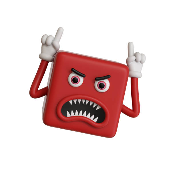 istock 3d render, abstract emotional red face icon, aggressive emoticon clip art isolated on white background. Angry cartoon character illustration, mad monster bulling, square emoji, crazy cubic toy 1262792363