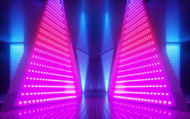 istock 3d render, abstract background with pink blue neon glowing light inside empty room. Futuristic energetic technology concept.Performance stage decorations 1262792422