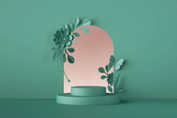 istock 3d render, mint green floral background. Frame with paper flowers, botanical arch and empty stage, pedestal or podium, product showcase. Commercial poster mockup 1262792423