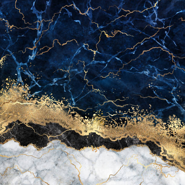 fondo de mármol azul blanco abstracto con venas doradas, textura de piedra falsa, pintura líquida, lámina de oro y decoración de brillo, superficie de mármol artificial pintada, ilustración marmolada de moda - ágata fotografías e imágenes de stock