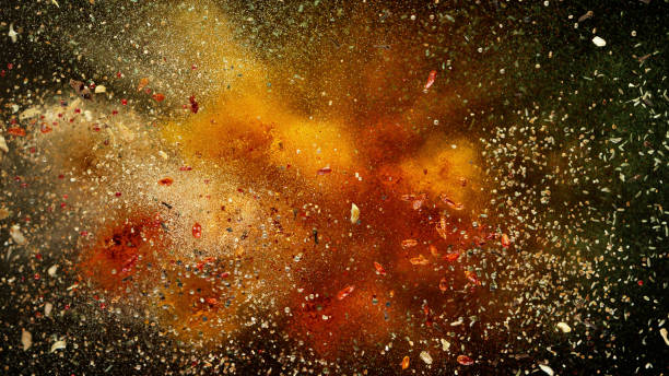 Freeze motion of spice explosion Freeze motion of various spice explosion, abstract culinary background seasoning stock pictures, royalty-free photos & images
