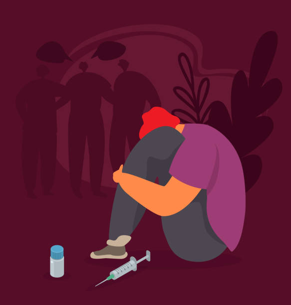 ilustrações de stock, clip art, desenhos animados e ícones de drug addiction vector illustration. abused addicted young man or teen sit near drugs and syringe for narcotic injection. - narcotic teenager cocaine drug abuse