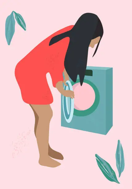 Vector illustration of Young woman with washing machine. Housewife washing dirty linen and clothes, hygiene cleaning at home. Girl doing laundry.