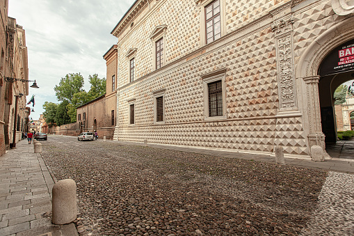 FERRARA, ITALY 29 JULY 2020 : View of Palazzo dei Diamanti in Ferrara in Italy a famous historical building in the Italian city