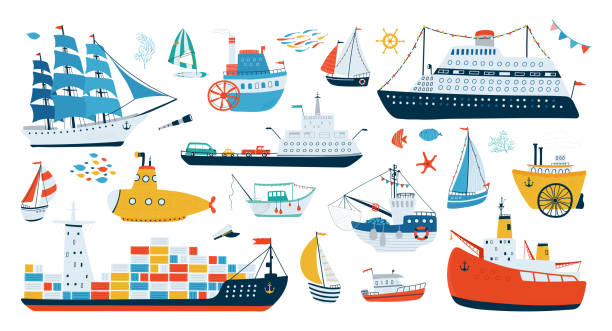 ilustraciones, imágenes clip art, dibujos animados e iconos de stock de colecciona varios barcos aislados sobre fondo blanco en un estilo plano. ilustraciones de transporte de agua para el diseño de habitaciones infantiles, ropa, textiles. vector - transportation nautical vessel floating on water sea